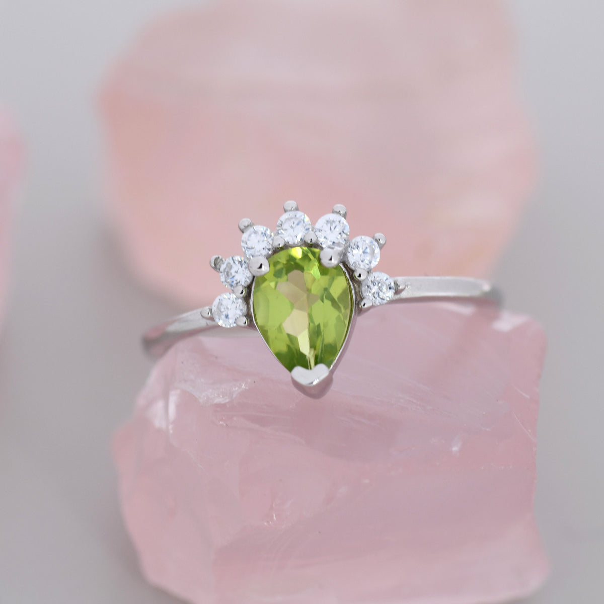 Genuine Pear Cut Peridot Crown Ring in Sterling Silver, Natural Peridot Crystal Ring, Vintage Inspired Design, US 5 - 8