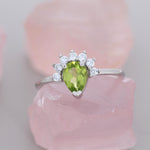 Genuine Pear Cut Peridot Crown Ring in Sterling Silver, Natural Peridot Crystal Ring, Vintage Inspired Design, US 5 - 8