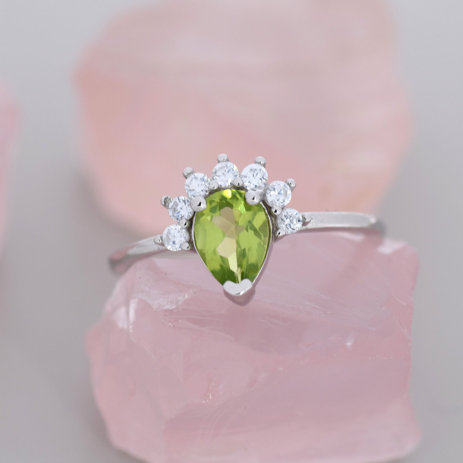 Genuine Pear Cut Peridot Crown Ring in Sterling Silver, Natural Peridot Crystal Ring, Vintage Inspired Design, US 5 - 8