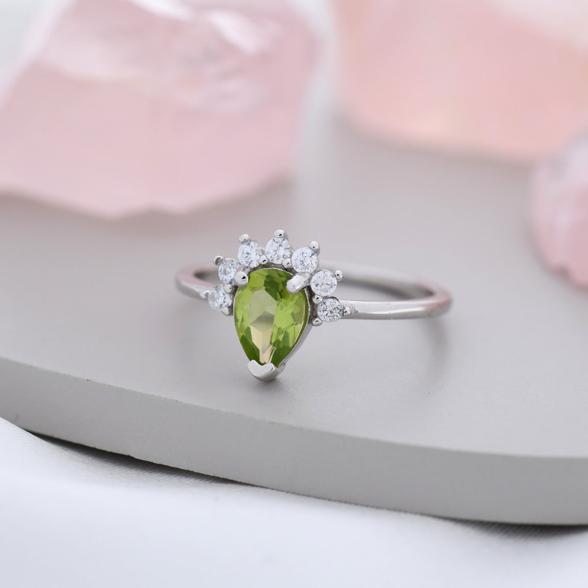Genuine Pear Cut Peridot Crown Ring in Sterling Silver, Natural Peridot Crystal Ring, Vintage Inspired Design, US 5 - 8
