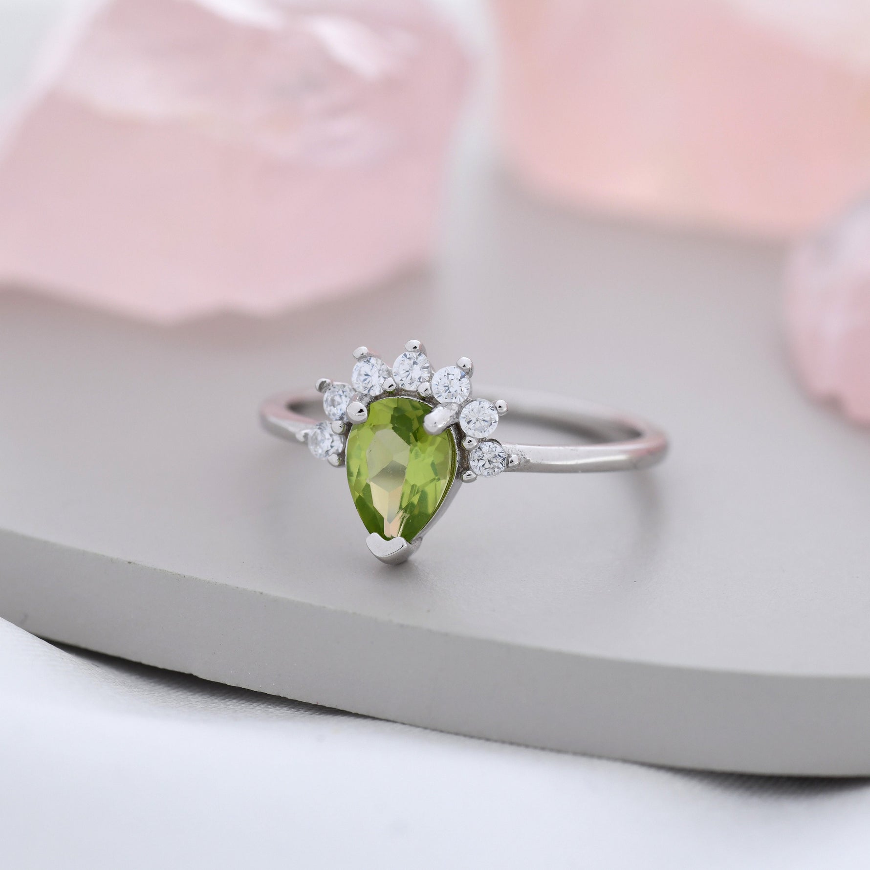 Genuine Pear Cut Peridot Crown Ring in Sterling Silver, Natural Peridot Crystal Ring, Vintage Inspired Design, US 5 - 8