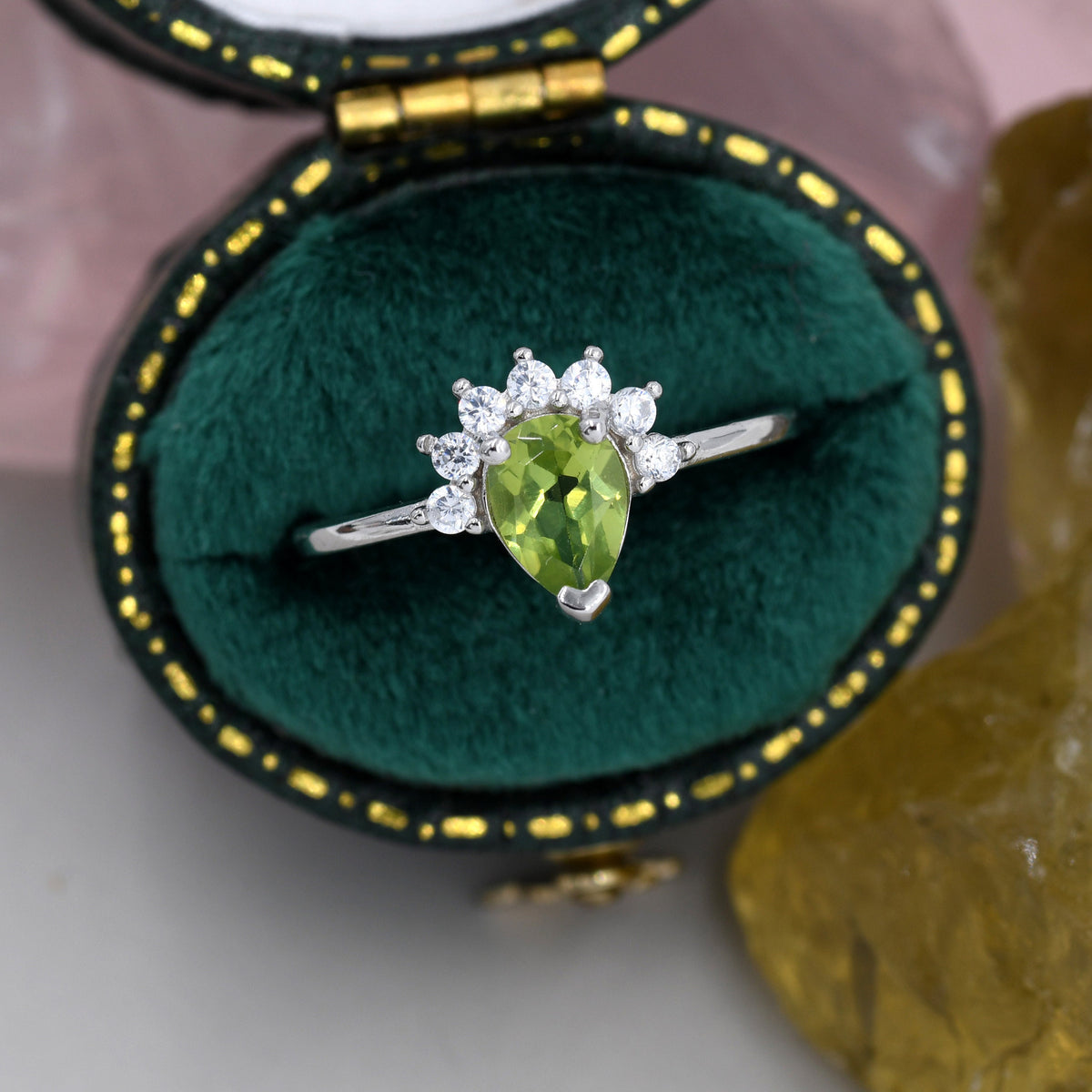 Genuine Pear Cut Peridot Crown Ring in Sterling Silver, Natural Peridot Crystal Ring, Vintage Inspired Design, US 5 - 8