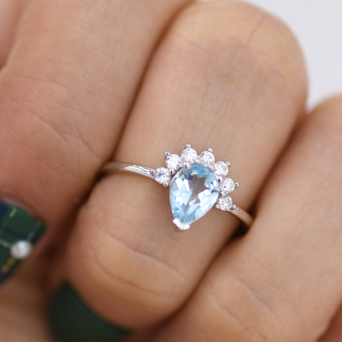 Genuine Pear Cut Sky Blue Topaz Crown Ring in Sterling Silver, Natural Blue Topaz Crystal Ring, Vintage Inspired Design, US 5 - 8