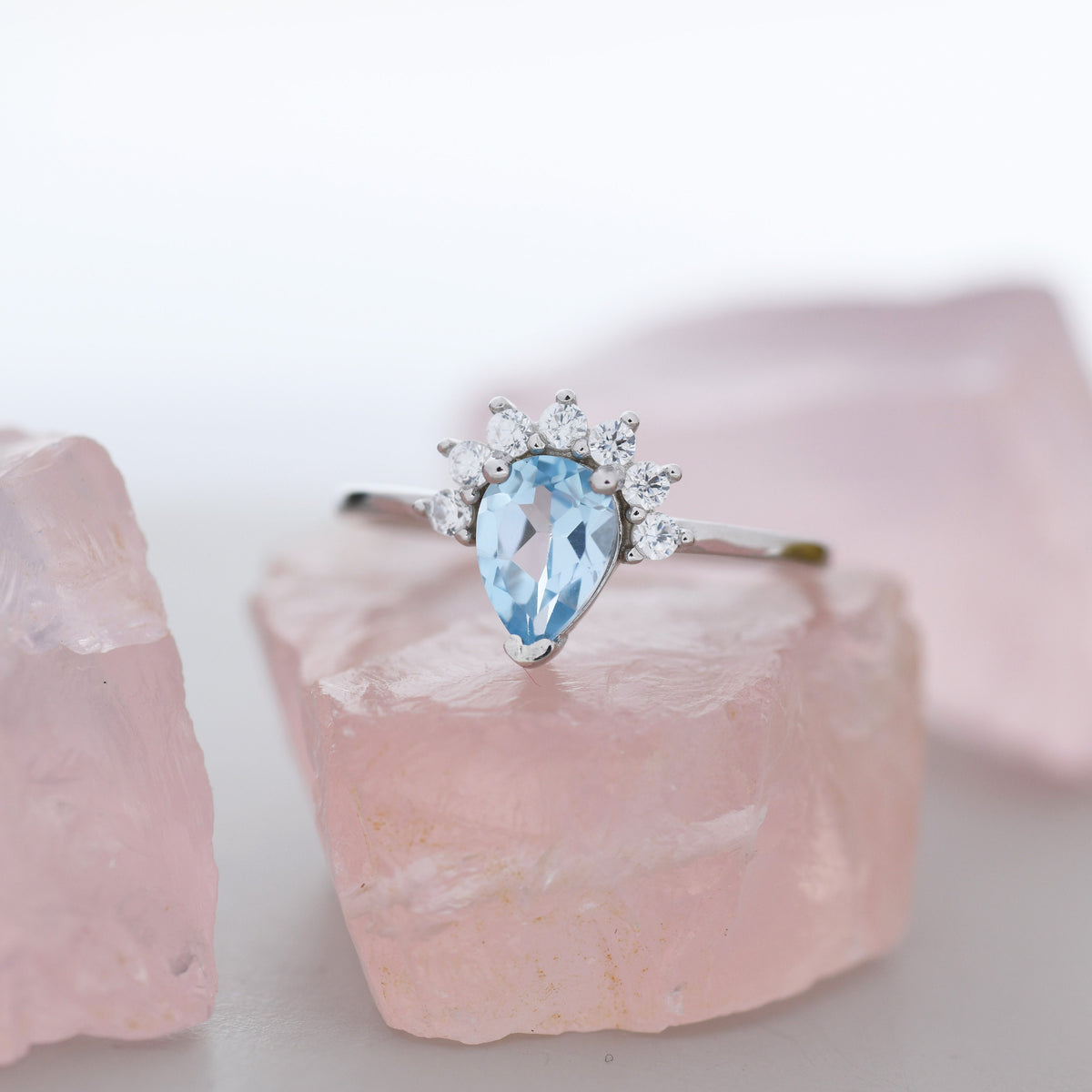 Genuine Pear Cut Sky Blue Topaz Crown Ring in Sterling Silver, Natural Blue Topaz Crystal Ring, Vintage Inspired Design, US 5 - 8