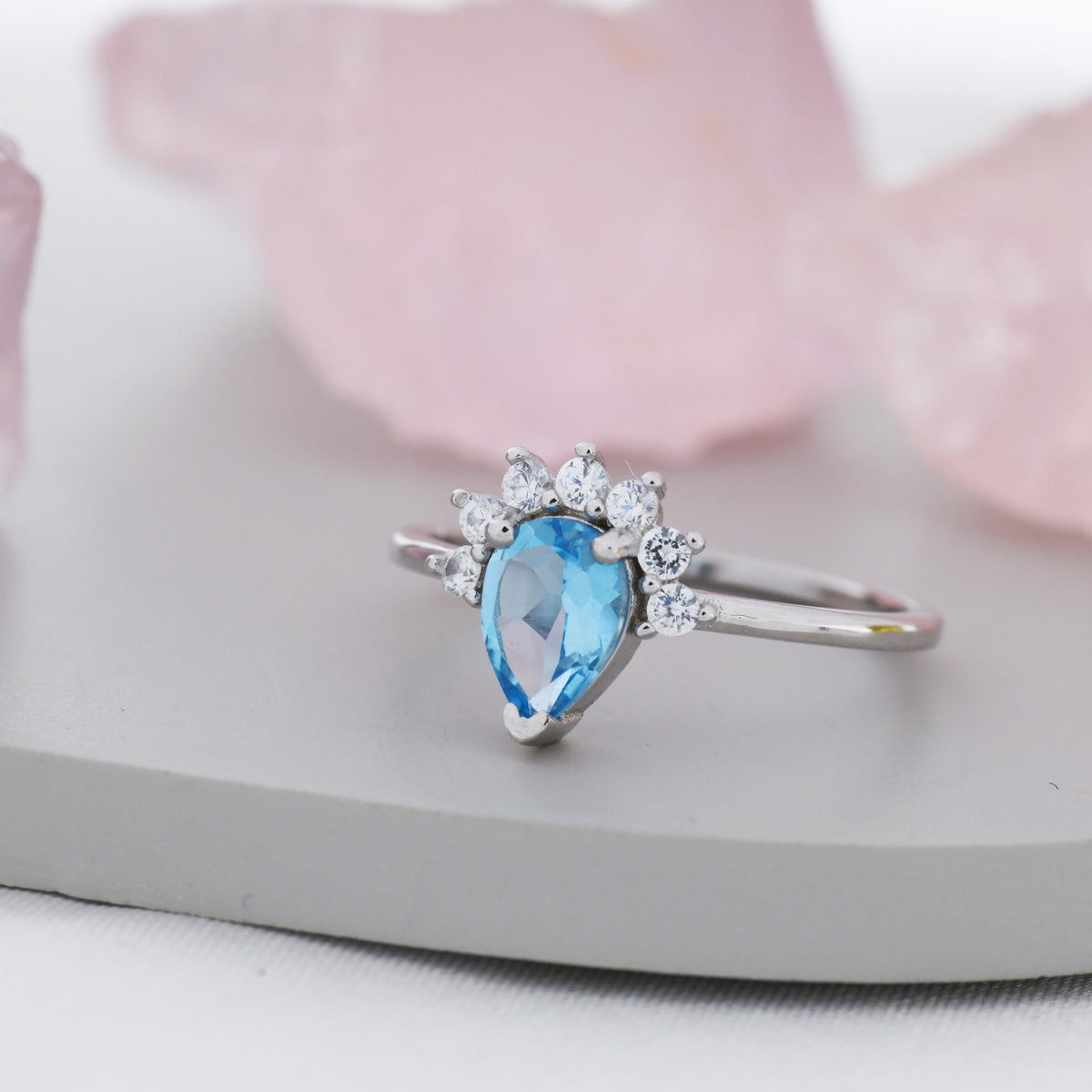 Genuine Pear Cut Swiss Blue Topaz Crown Ring in Sterling Silver, Natural Blue Topaz Crystal Ring, Vintage Inspired Design, US 5 - 8