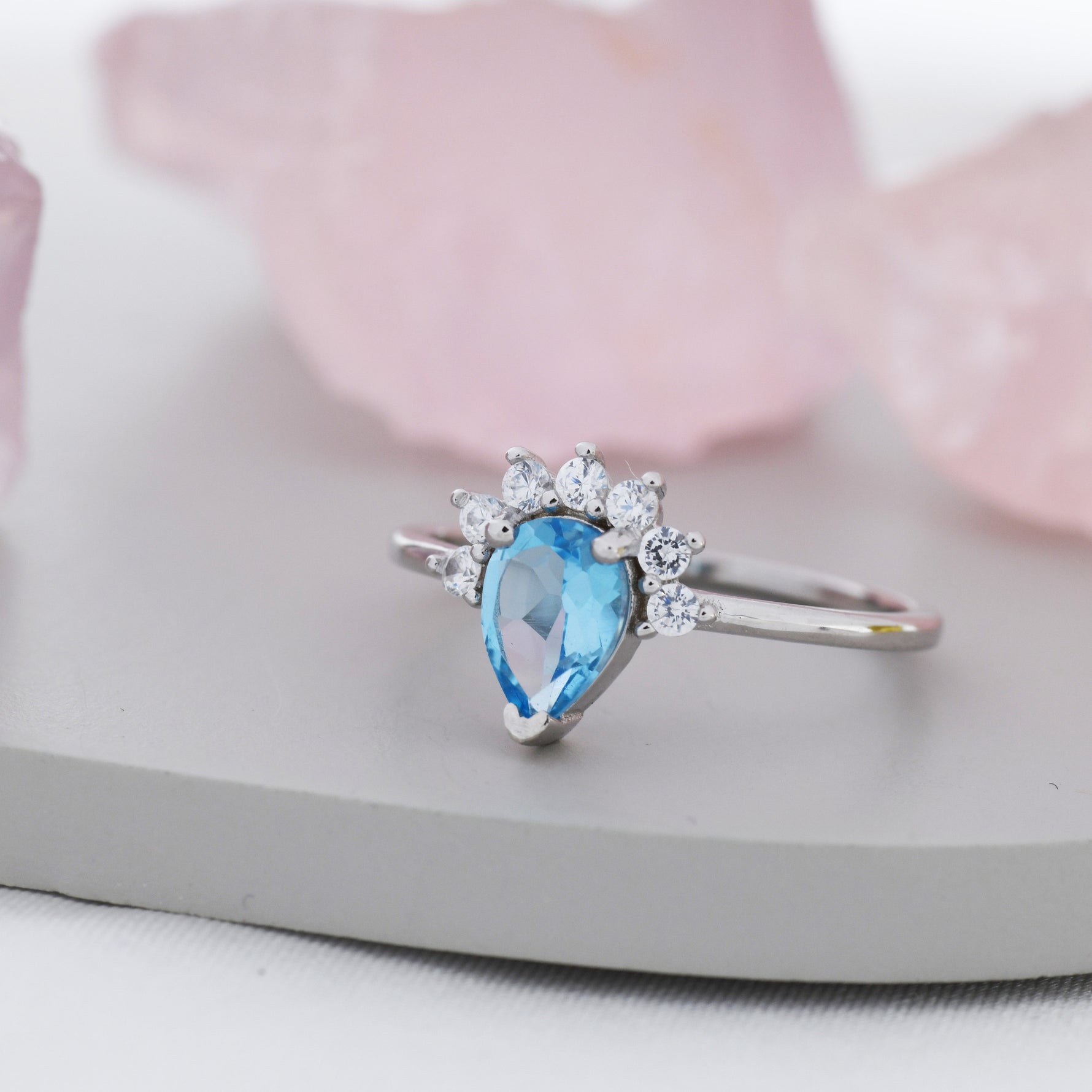 Genuine Pear Cut Swiss Blue Topaz Crown Ring in Sterling Silver, Natural Blue Topaz Crystal Ring, Vintage Inspired Design, US 5 - 8