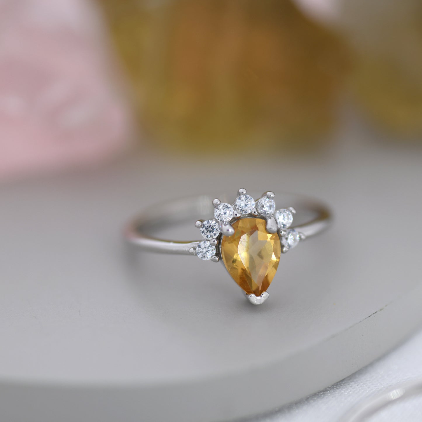 Genuine Pear Cut Citrine Crown Ring in Sterling Silver, Natural Yellow Citrine Crystal Ring, Vintage Inspired Design, US 5 - 8