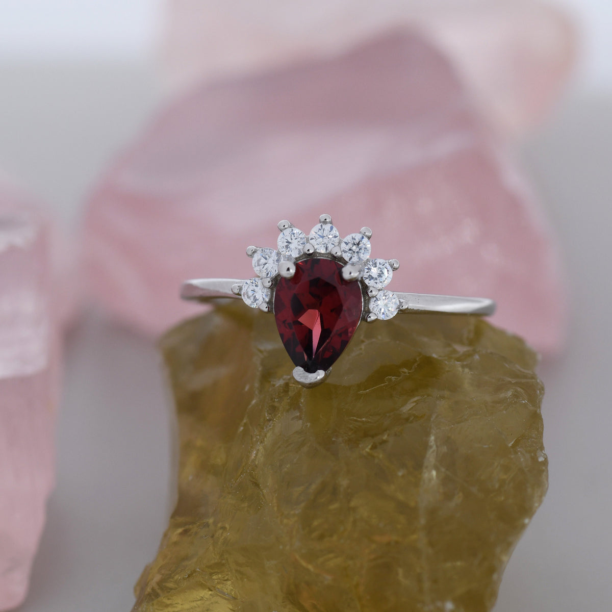 Genuine Pear Cut Garnet Crown Ring in Sterling Silver, Natural Garnet Crystal Ring, Vintage Inspired Design, US 5 - 8