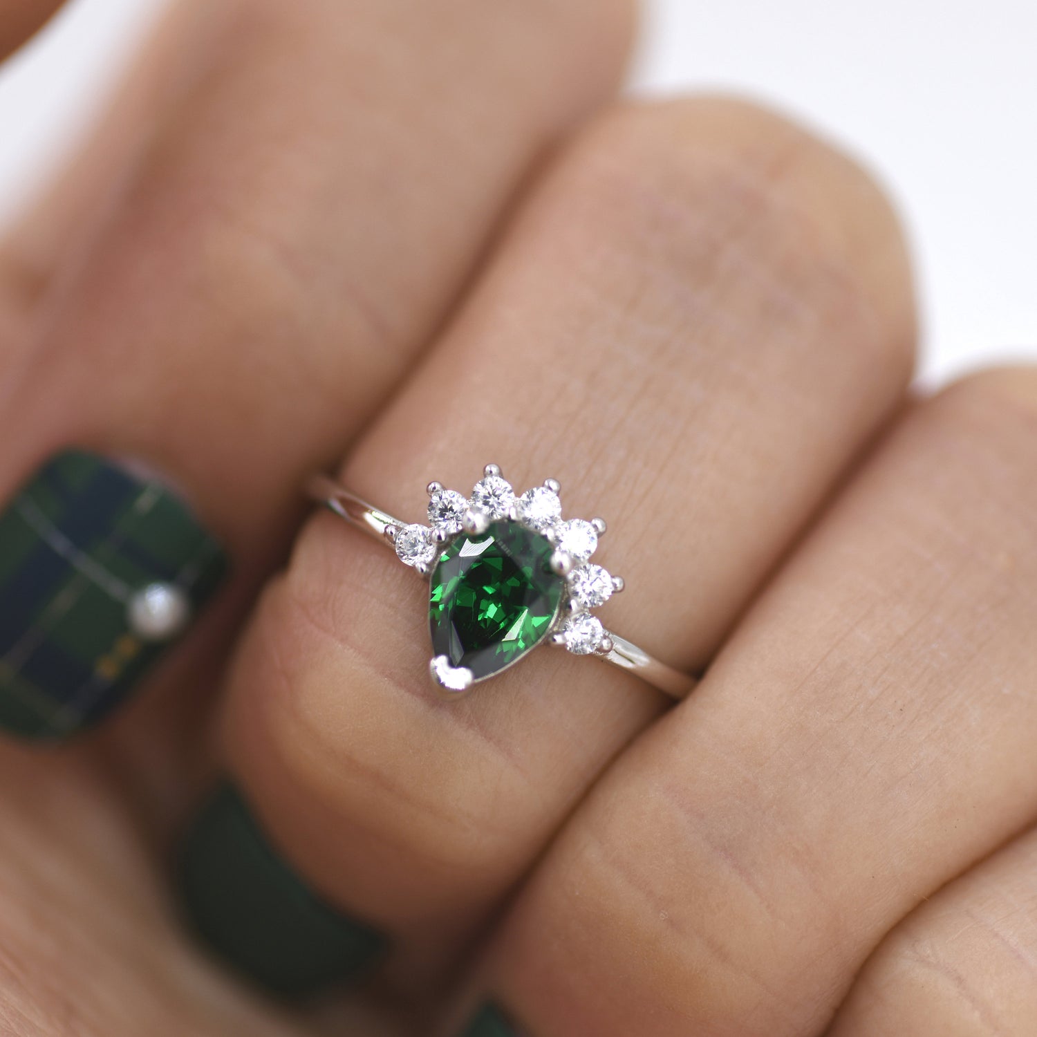Vintage Pear Cut Emerald Green CZ Crown Halo Ring