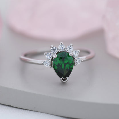 Pear Cut Emerald Green CZ Crown Ring in Sterling Silver, May Birthstone, Lab Emerald Ring, Vintage Inspired Design, US 5 - 8