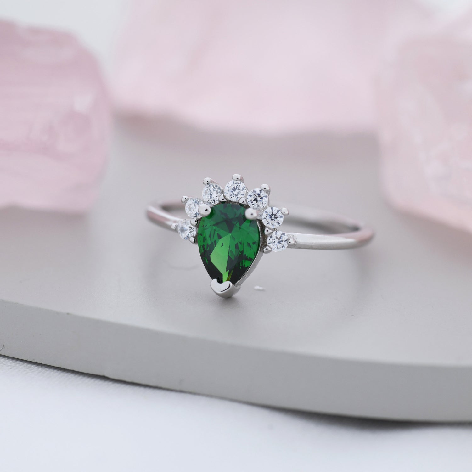 Vintage Pear Cut Emerald Green CZ Crown Halo Ring