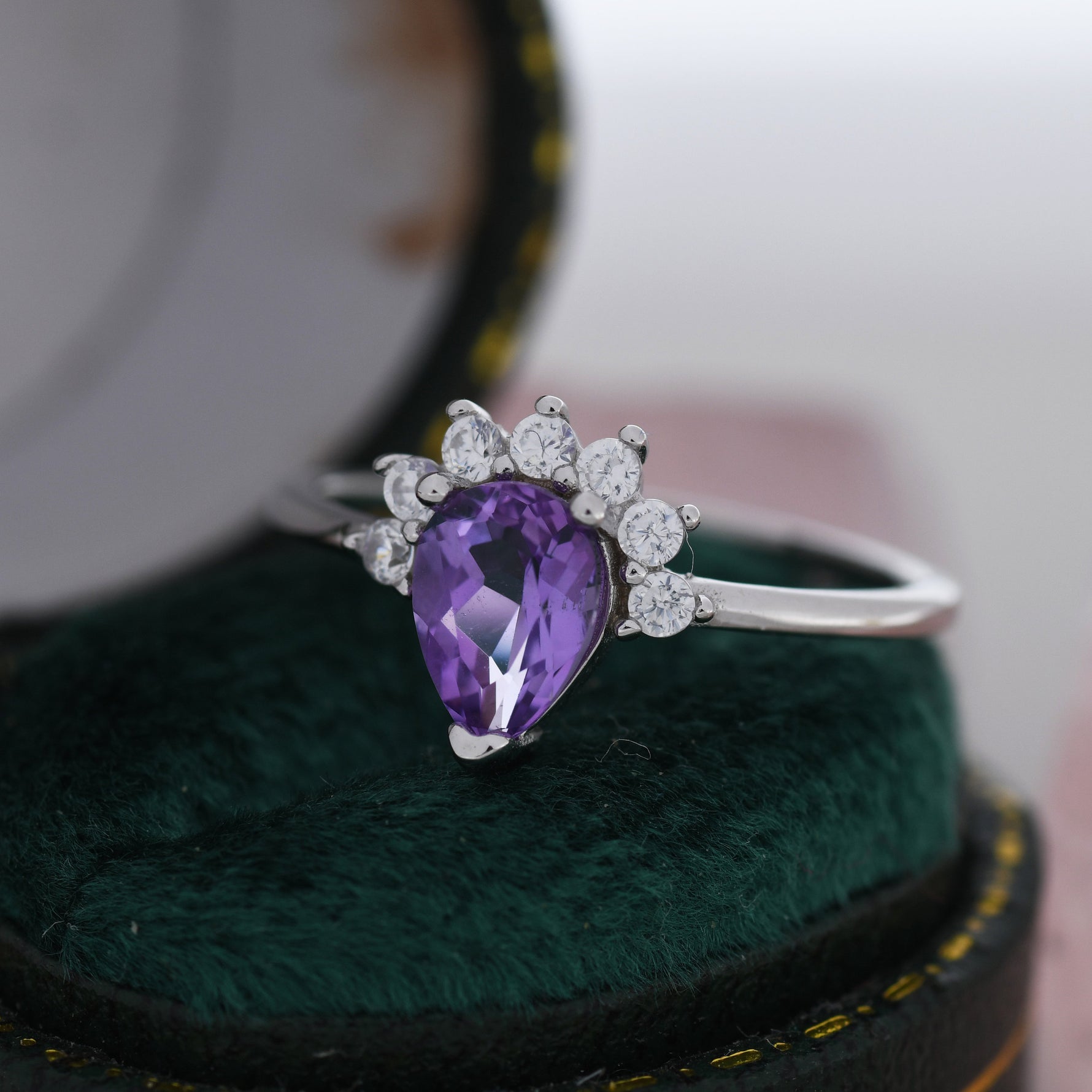 Genuine Pear Cut Amethyst Crown Ring in Sterling Silver, Natural Amethyst Crystal Ring, Vintage Inspired Design, US 5 - 8