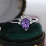 Genuine Pear Cut Amethyst Crown Ring in Sterling Silver, Natural Amethyst Crystal Ring, Vintage Inspired Design, US 5 - 8