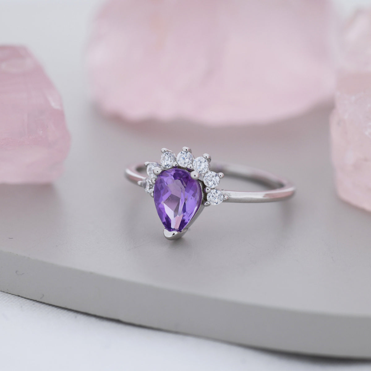 Genuine Pear Cut Amethyst Crown Ring in Sterling Silver, Natural Amethyst Crystal Ring, Vintage Inspired Design, US 5 - 8