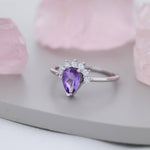 Genuine Pear Cut Amethyst Crown Ring in Sterling Silver, Natural Amethyst Crystal Ring, Vintage Inspired Design, US 5 - 8