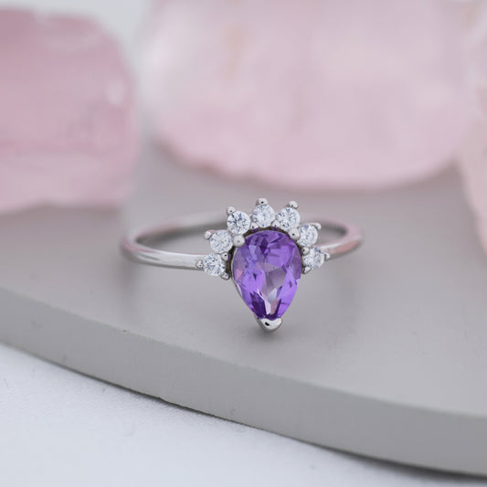 Genuine Pear Cut Amethyst Crown Ring in Sterling Silver, Natural Amethyst Crystal Ring, Vintage Inspired Design, US 5 - 8