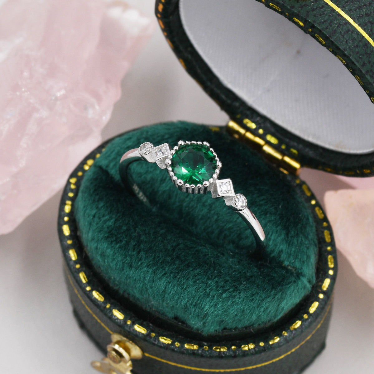 Emerald Ring in Sterling Silver, Silver or Gold, Emerald Green CZ Ring, Vintage Inspired Design US 5 - 8