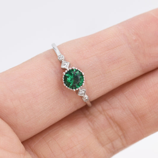 Emerald Ring in Sterling Silver, Silver or Gold, Emerald Green CZ Ring, Vintage Inspired Design US 5 - 8