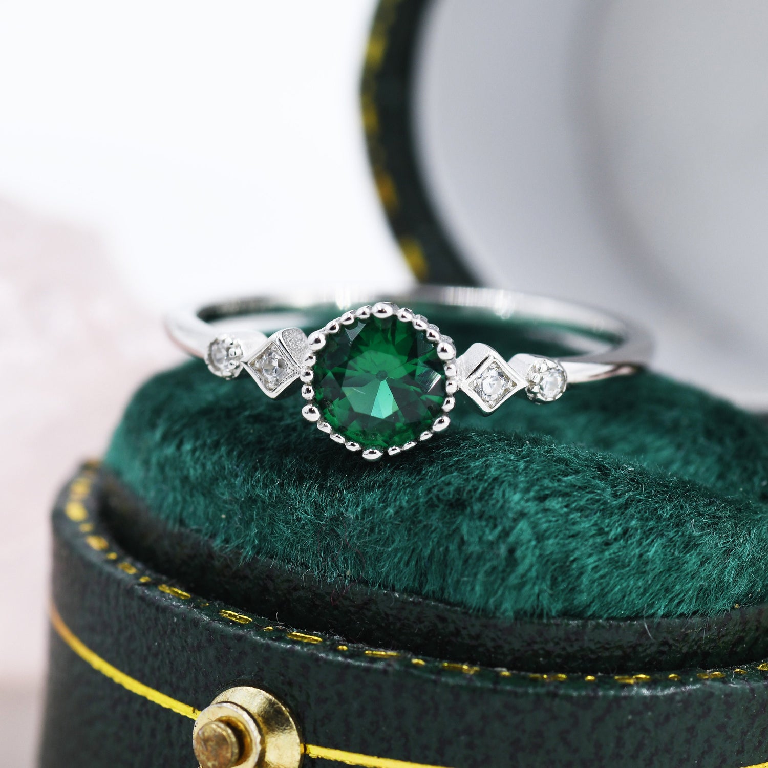 Emerald Ring in Sterling Silver, Silver or Gold, Emerald Green CZ Ring, Vintage Inspired Design US 5 - 8
