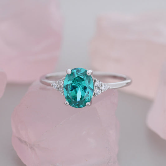 Created Paraiba Green Tourmaline Oval Ring in Sterling Silver,  Lab Paraiba Tourmaline Ring, Three CZ, Vintage Inspired Design, US 5 - 8