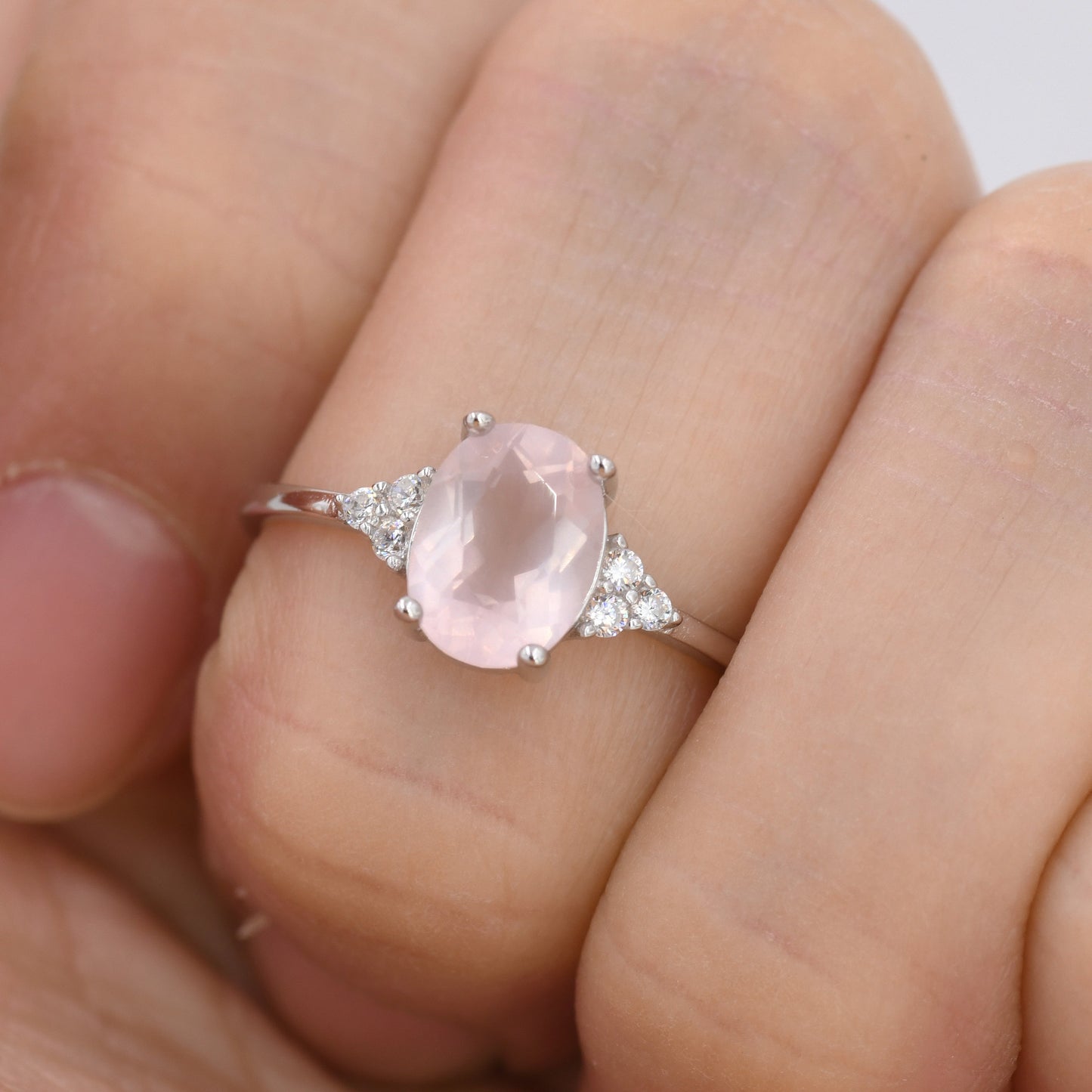 Genuine Oval Rose Quartz Ring in Sterling Silver, Natural Rose Quartz Ring, Three CZ, Pink Quartz Crystal, Vintage Inspired Design, US 5 - 8