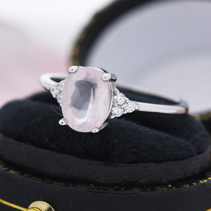 Genuine Oval Rose Quartz Ring in Sterling Silver, Natural Rose Quartz Ring, Three CZ, Pink Quartz Crystal, Vintage Inspired Design, US 5 - 8