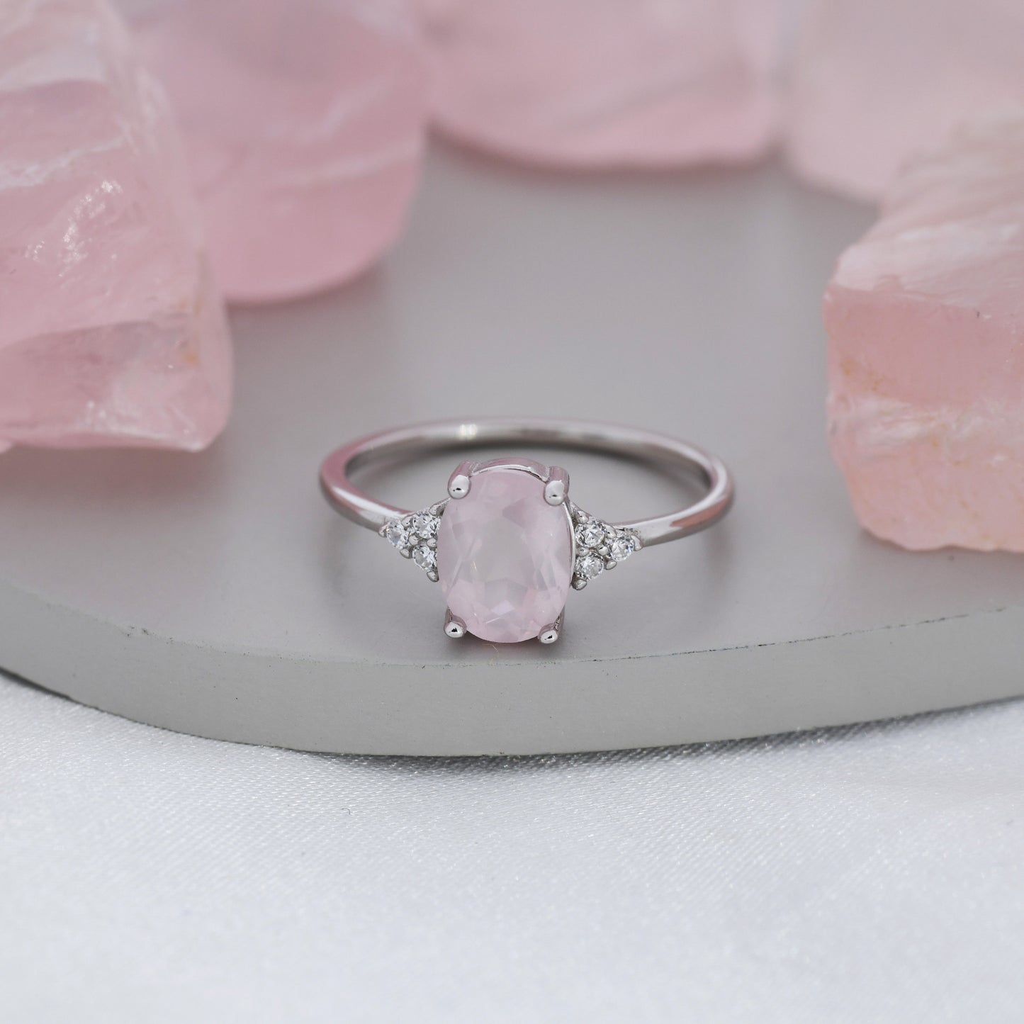 Genuine Oval Rose Quartz Ring in Sterling Silver, Natural Rose Quartz Ring, Three CZ, Pink Quartz Crystal, Vintage Inspired Design, US 5 - 8