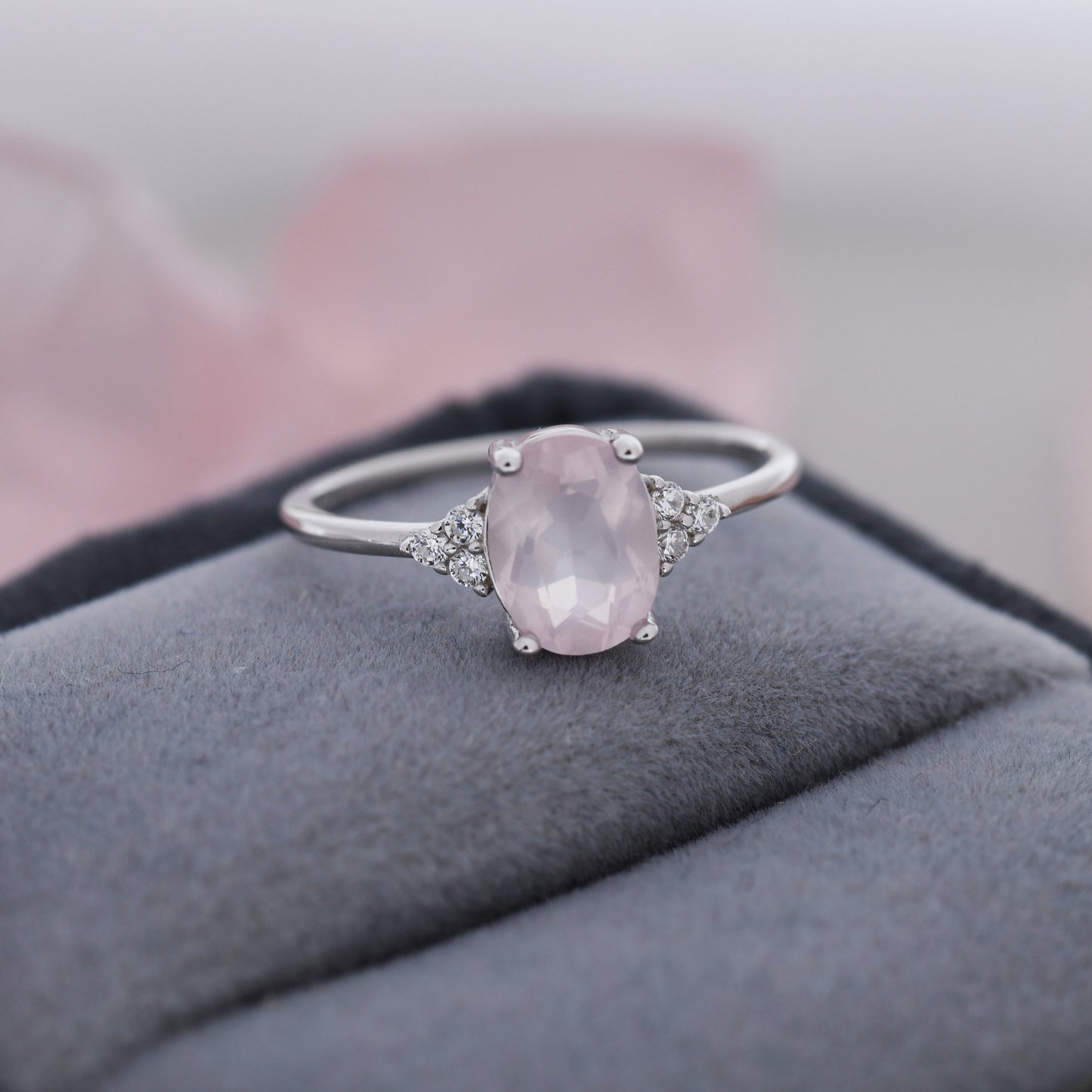 Genuine Oval Rose Quartz Ring in Sterling Silver, Natural Rose Quartz Ring, Three CZ, Pink Quartz Crystal, Vintage Inspired Design, US 5 - 8