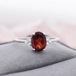 Genuine Garnet Oval Ring in Sterling Silver, Natural Red Garnet Ring, Three CZ, Garnet Crystal, Vintage Inspired Design, US 5 - 8