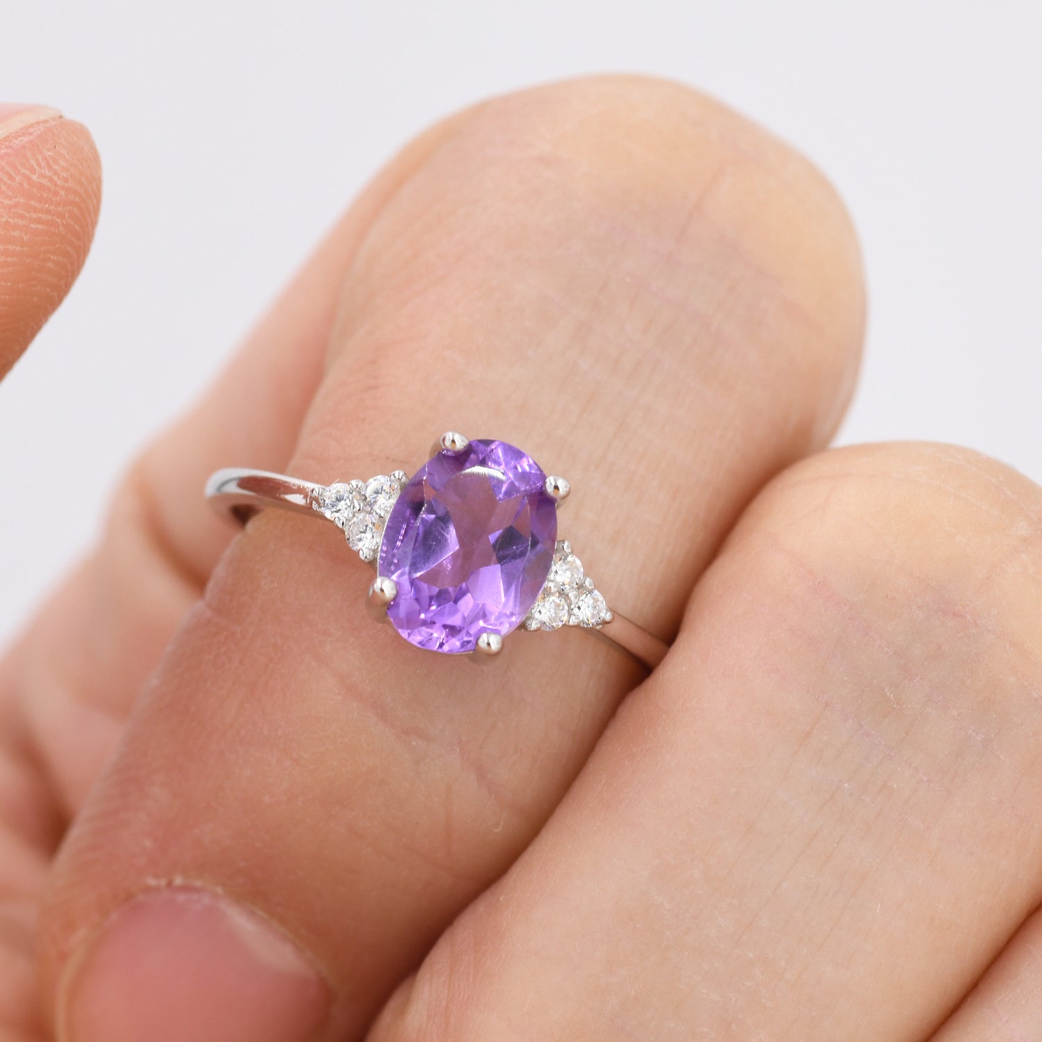 Vintage Amethyst Oval Gemstone Ring with CZ Accents