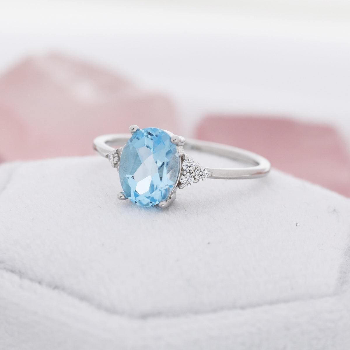 Genuine Swiss Blue Topaz Oval Ring in Sterling Silver, Natural Blue Topaz Ring, Three CZ, March, Vintage Inspired Design, US 5 - 8