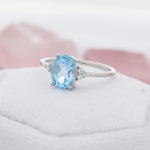 Genuine Swiss Blue Topaz Oval Ring in Sterling Silver, Natural Blue Topaz Ring, Three CZ, March, Vintage Inspired Design, US 5 - 8