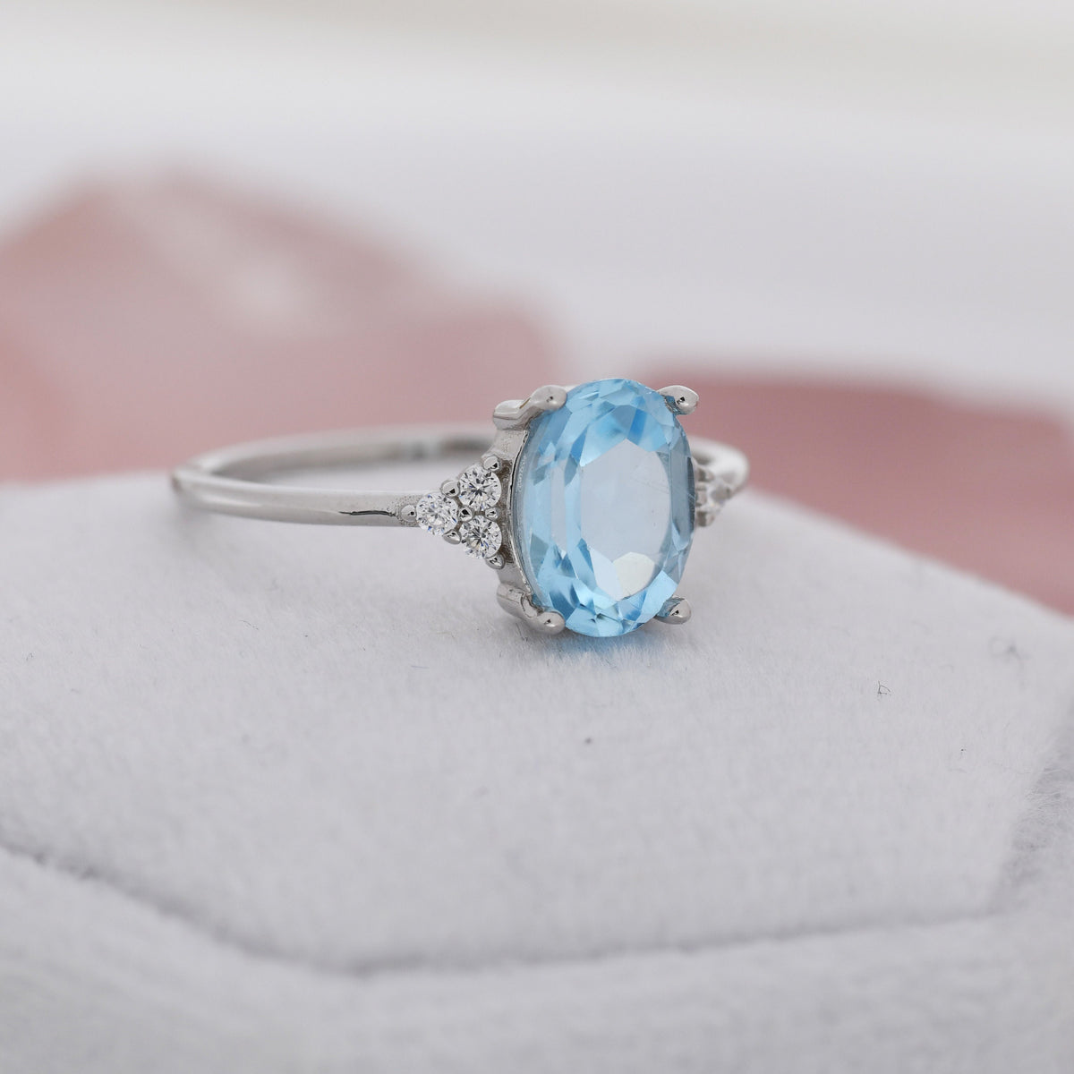 Genuine Swiss Blue Topaz Oval Ring in Sterling Silver, Natural Blue Topaz Ring, Three CZ, March, Vintage Inspired Design, US 5 - 8