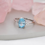 Genuine Swiss Blue Topaz Oval Ring in Sterling Silver, Natural Blue Topaz Ring, Three CZ, March, Vintage Inspired Design, US 5 - 8