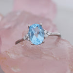 Genuine Swiss Blue Topaz Oval Ring in Sterling Silver, Natural Blue Topaz Ring, Three CZ, March, Vintage Inspired Design, US 5 - 8