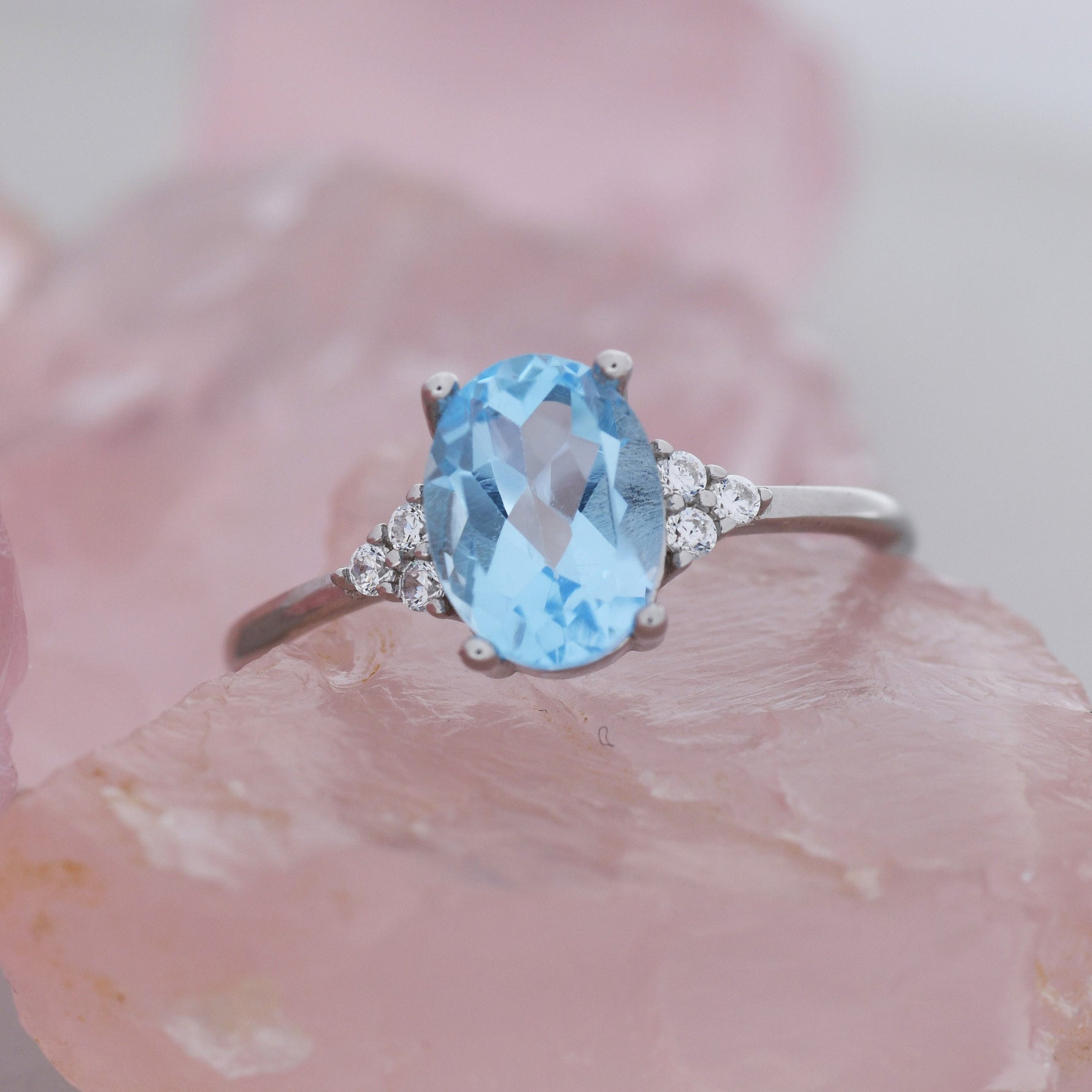Genuine Swiss Blue Topaz Oval Ring in Sterling Silver, Natural Blue Topaz Ring, Three CZ, March, Vintage Inspired Design, US 5 - 8