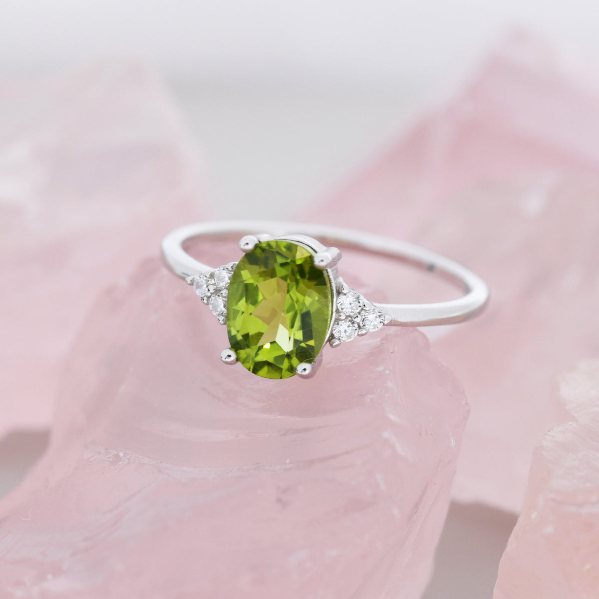 Genuine Peridot Oval Ring in Sterling Silver, Natural Green Peridot Ring, Three CZ, August Birthstone, Vintage Inspired Design, US 5 - 8