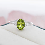 Genuine Peridot Oval Ring in Sterling Silver, Natural Green Peridot Ring, Three CZ, August Birthstone, Vintage Inspired Design, US 5 - 8