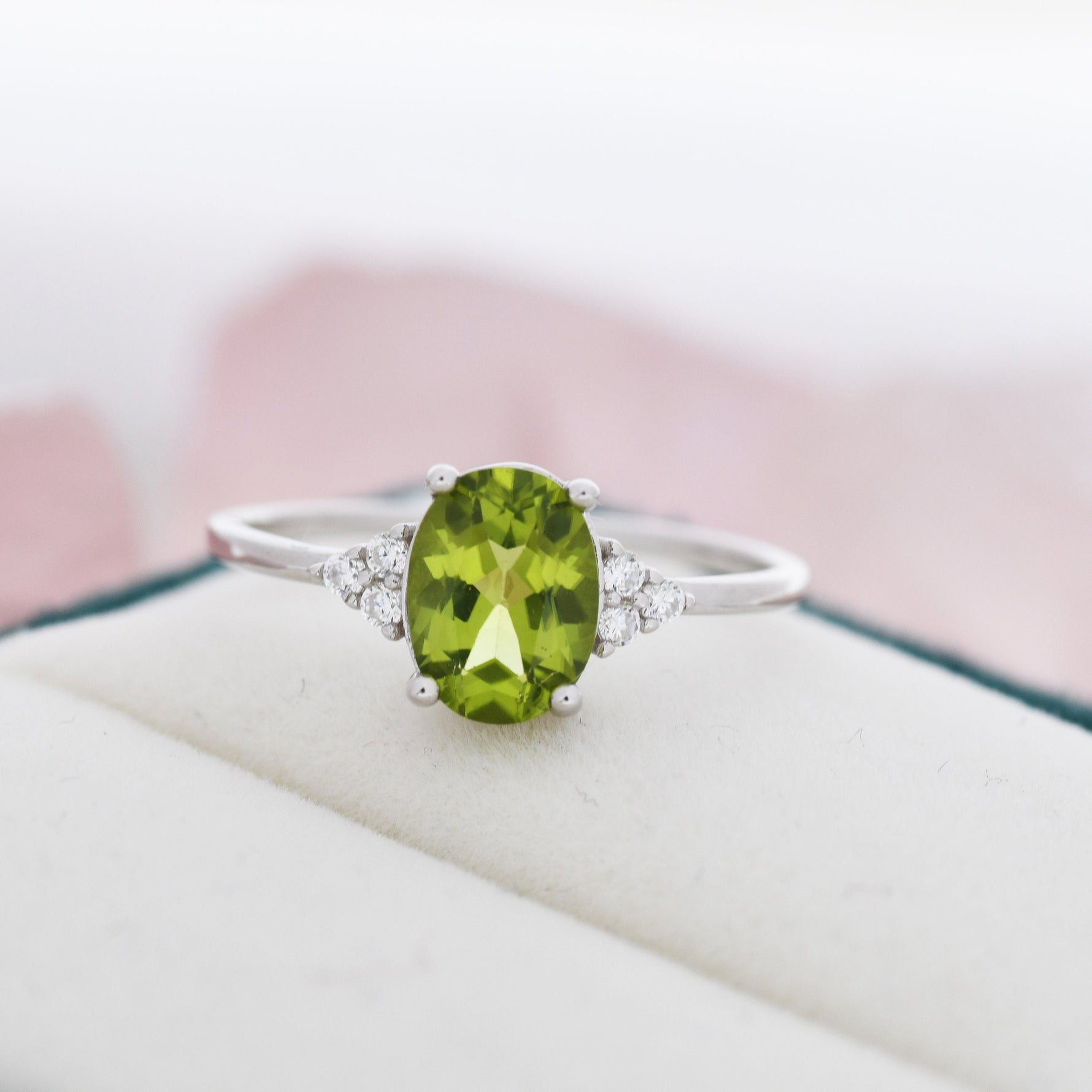 Genuine Peridot Oval Ring in Sterling Silver, Natural Green Peridot Ring, Three CZ, August Birthstone, Vintage Inspired Design, US 5 - 8