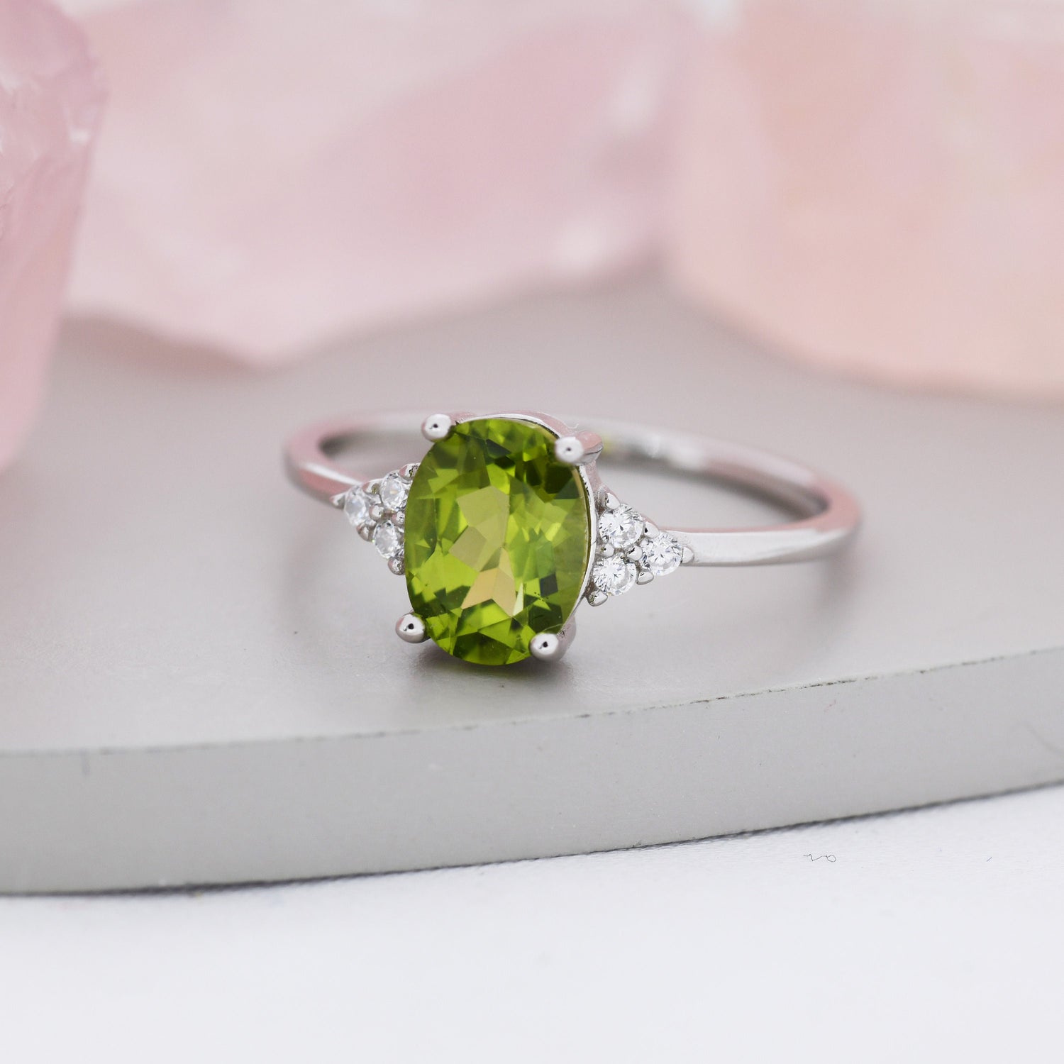 Genuine Peridot Oval Ring in Sterling Silver, Natural Green Peridot Ring, Three CZ, August Birthstone, Vintage Inspired Design, US 5 - 8