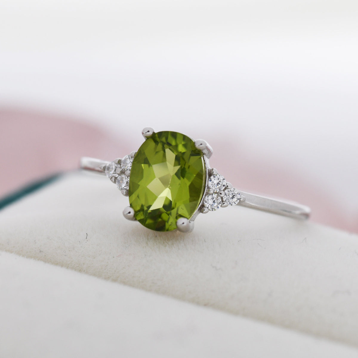 Genuine Peridot Oval Ring in Sterling Silver, Natural Green Peridot Ring, Three CZ, August Birthstone, Vintage Inspired Design, US 5 - 8