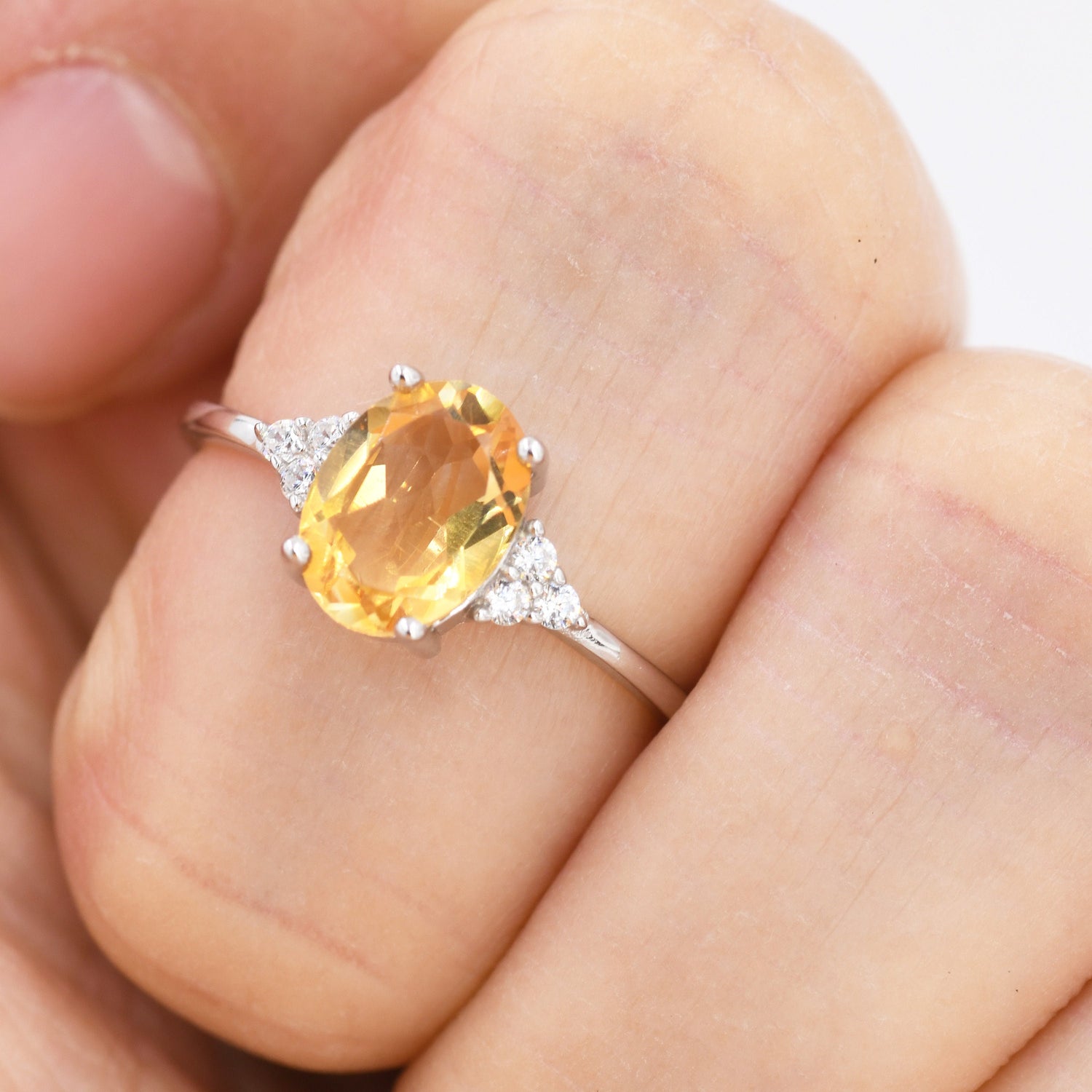 Vintage Citrine Oval Gemstone Ring with CZ Accents
