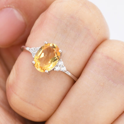 Genuine Citrine Oval Ring in Sterling Silver, Natural Citrine Ring, Three CZ,  November Birthstone, Vintage Inspired Design, US 5 - 8