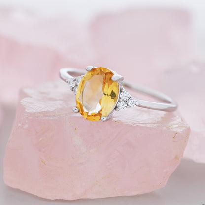 Genuine Citrine Oval Ring in Sterling Silver, Natural Citrine Ring, Three CZ,  November Birthstone, Vintage Inspired Design, US 5 - 8