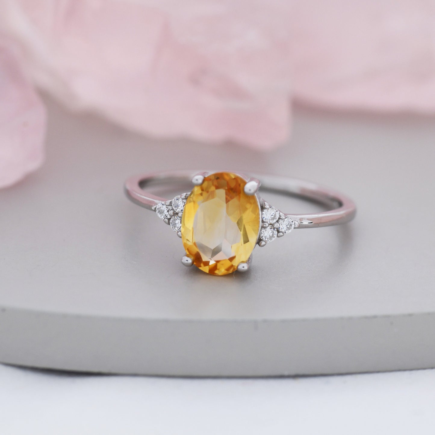 Genuine Citrine Oval Ring in Sterling Silver, Natural Citrine Ring, Three CZ,  November Birthstone, Vintage Inspired Design, US 5 - 8