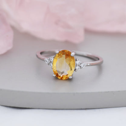 Genuine Citrine Oval Ring in Sterling Silver, Natural Citrine Ring, Three CZ,  November Birthstone, Vintage Inspired Design, US 5 - 8