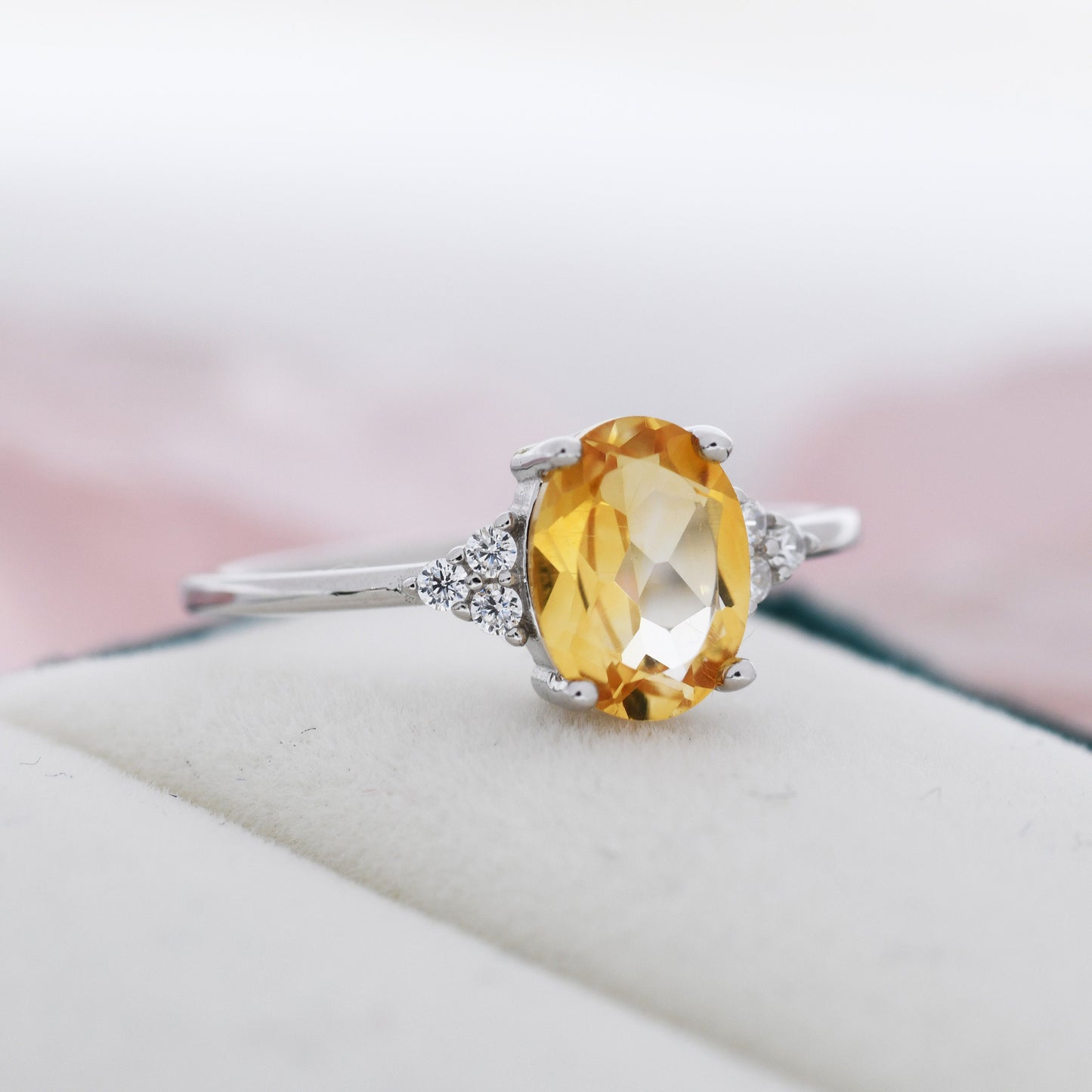 Genuine Citrine Oval Ring in Sterling Silver, Natural Citrine Ring, Three CZ,  November Birthstone, Vintage Inspired Design, US 5 - 8