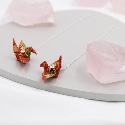 Japanese Paper Origami Crane Threader Earrings in Sterling Silver, Resin Sealed Genuine Japanese Washi Paper, Red, Long Lasting Earrings