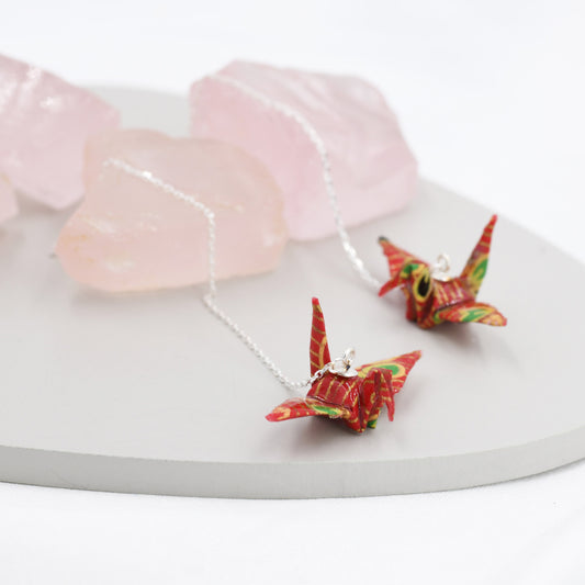 Japanese Paper Origami Crane Threader Earrings in Sterling Silver, Resin Sealed Genuine Japanese Washi Paper, Red, Long Lasting Earrings