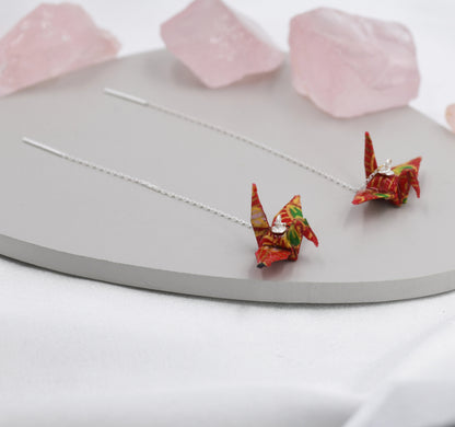 Japanese Paper Origami Crane Threader Earrings in Sterling Silver, Resin Sealed Genuine Japanese Washi Paper, Red, Long Lasting Earrings